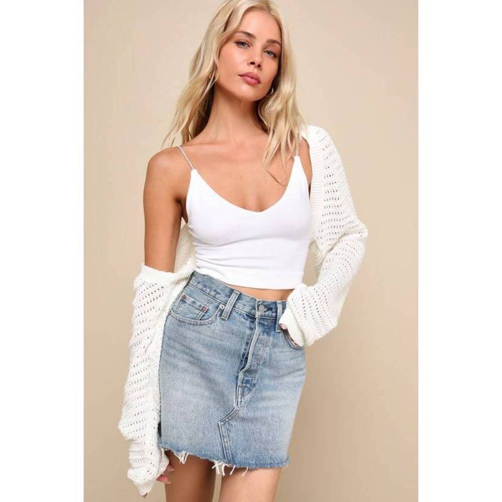 Lulus Perfectly Comforting Ivory Pointelle Open-front Shrug Sweater White